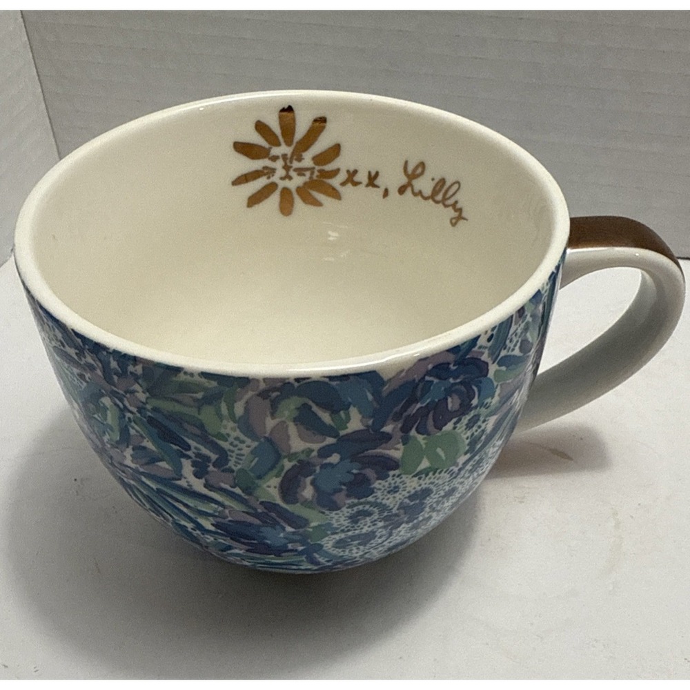 Lilly Pulitzer Blue Purple Floral Coffee Tea Mug-Gold Accents-Logo Inside-Signed